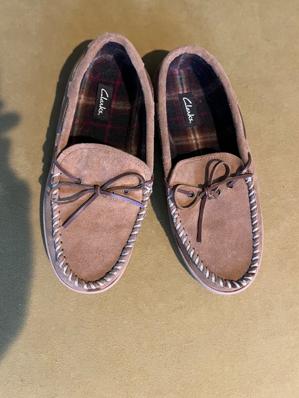 Clarks Men's Brown Leather Plaid Lined Moccasin Slipper Shoes Sz 11 Grandpacore